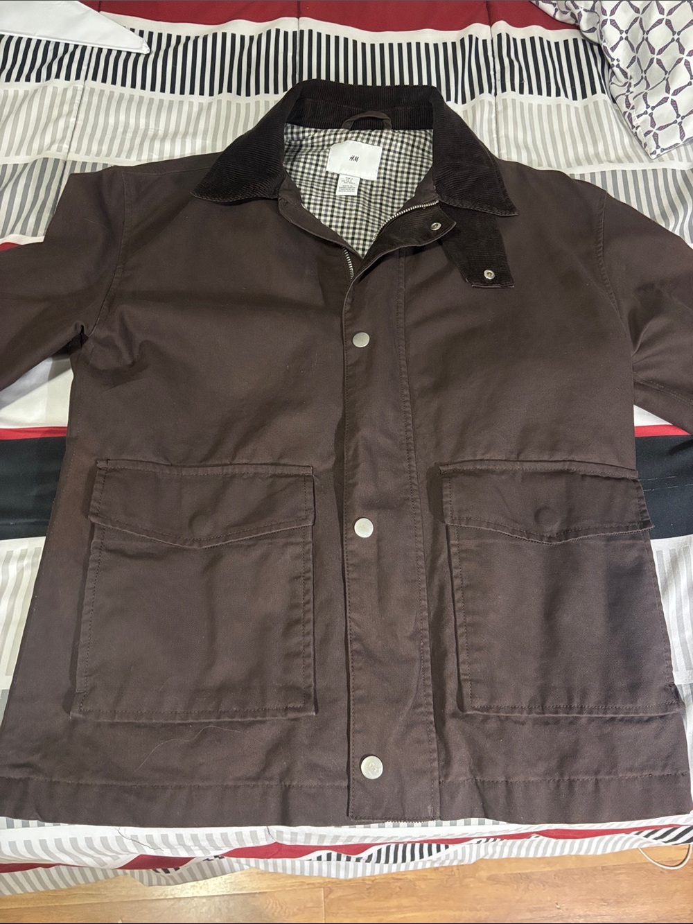 H&M Men's Dark Brown Canvas Field Jacket with Corduroy Collar